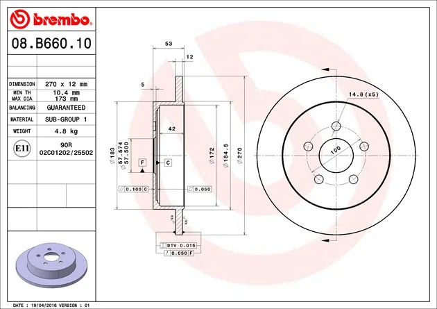 08B66010C02 – BREMBO Brake Rotor, Solid One Piece Design Wheel Bolt Pattern 5 x 100 Millimeter 270 Millimeter Diamete...